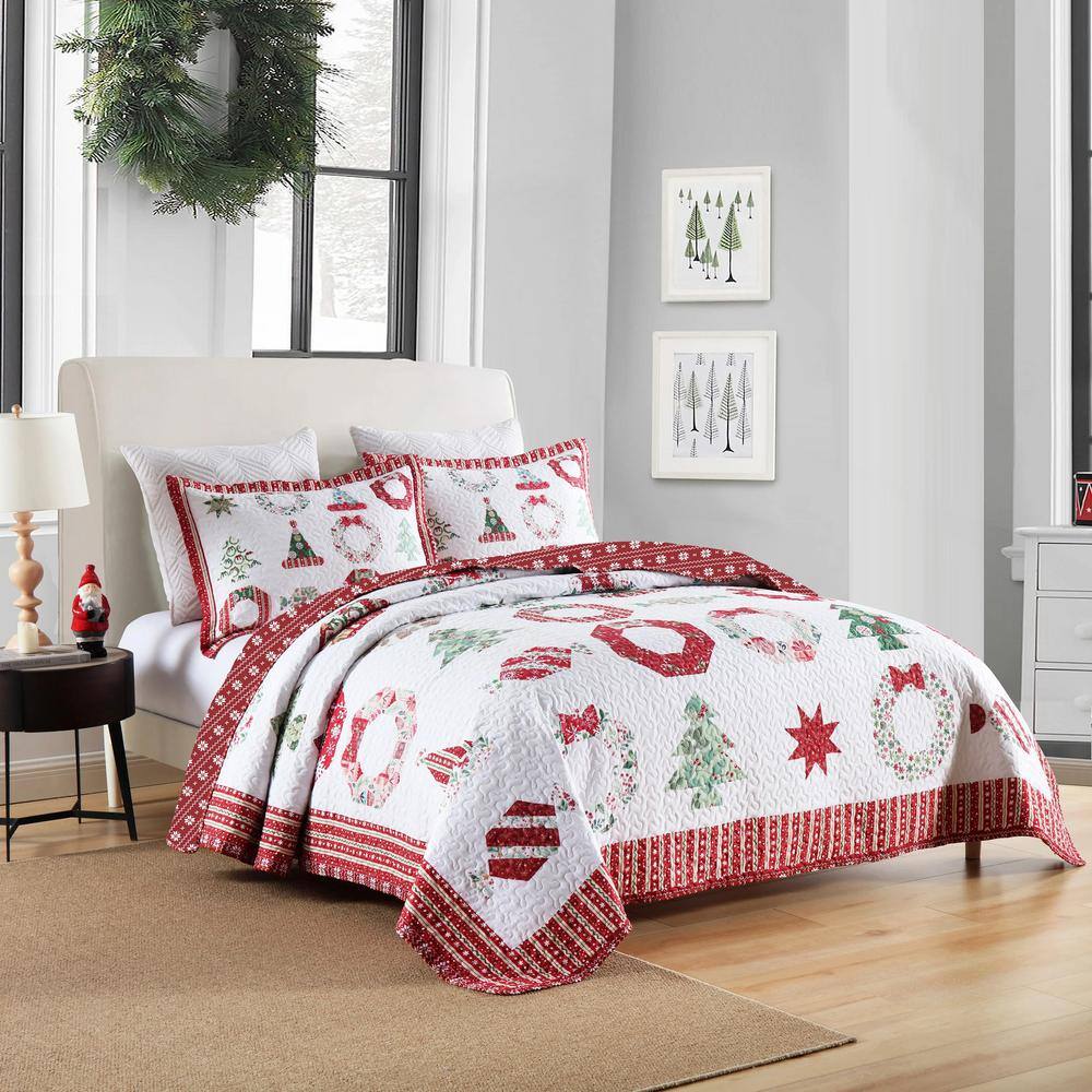 King Red and White Reversible Christmas Quilt Set