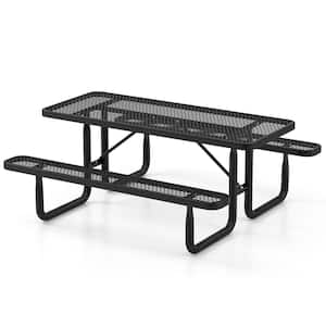 72 in. Black Rectangle Metal Picnic Table and Bench Set for 8-Person with Seats and Mesh Grid