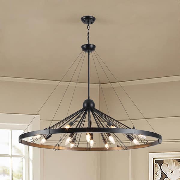 12-Light Black Circle Candle Design Wagon Wheel Chandelier Sputnik Linear Chandelier Lighting for Dining Room