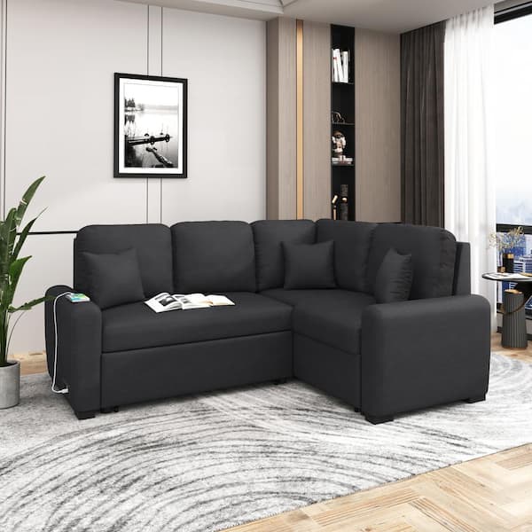 Harper & Bright Designs 87.4 in. L Shaped Linen Sectional Sofa in Black with USB Charging Port and Socket, Pull-Out Sofa Bed with 3-Pillows