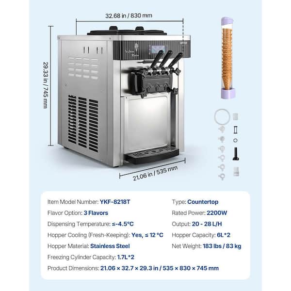 VEVOR Commercial Soft Ice Cream Machine 20-28L/H Yield 12.68qt