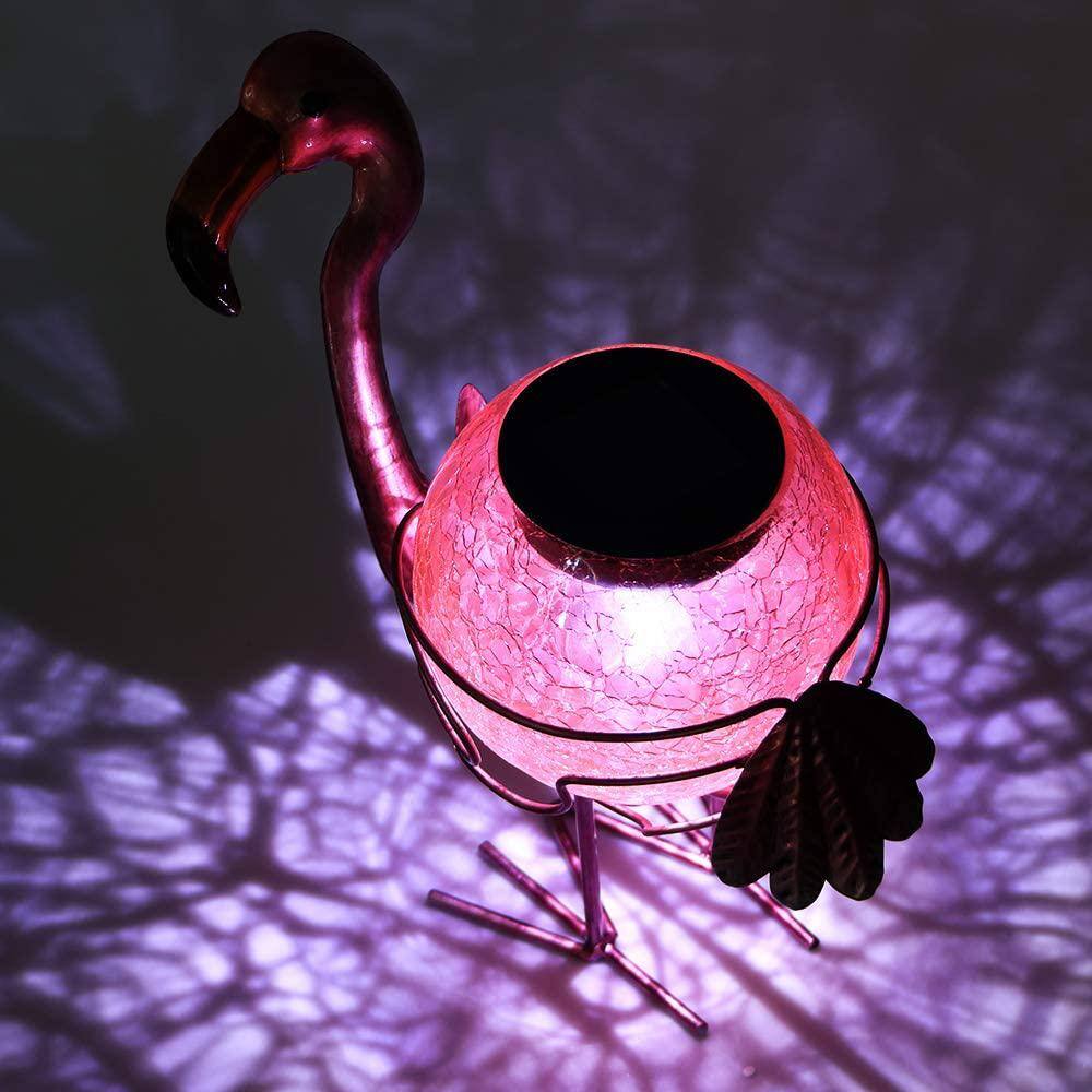 Pink Flamingo Crackle Glass Solar Tabletop Lantern