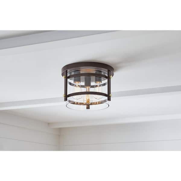 Hampton Bay Huxley 11.9 in. 3-Light Dark Bronze Flush Mount Ceiling Light with Clear Glass Shade