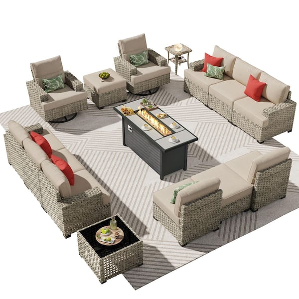 Eden Vine 15 Pieces Wicker Rectangular Fire Pit Sets and Swivel Rocking Chairs with Beige Cushion