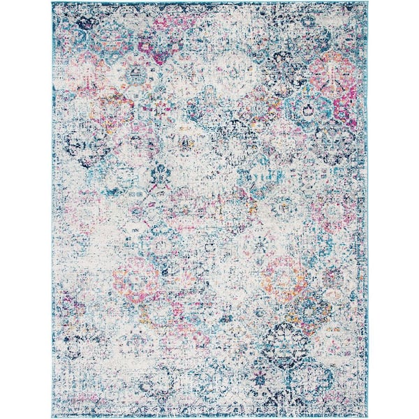 Unbranded Light Blue Polypropylene 6 ft. 7 in. x 9 ft. 2 in. Floral Indoor Area Rug