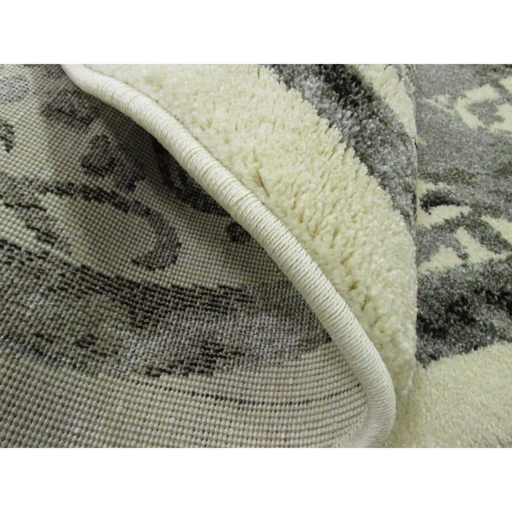 Miranda Ivory and Gray Round Synthetic Easy-Care Rug, 6' Diameter