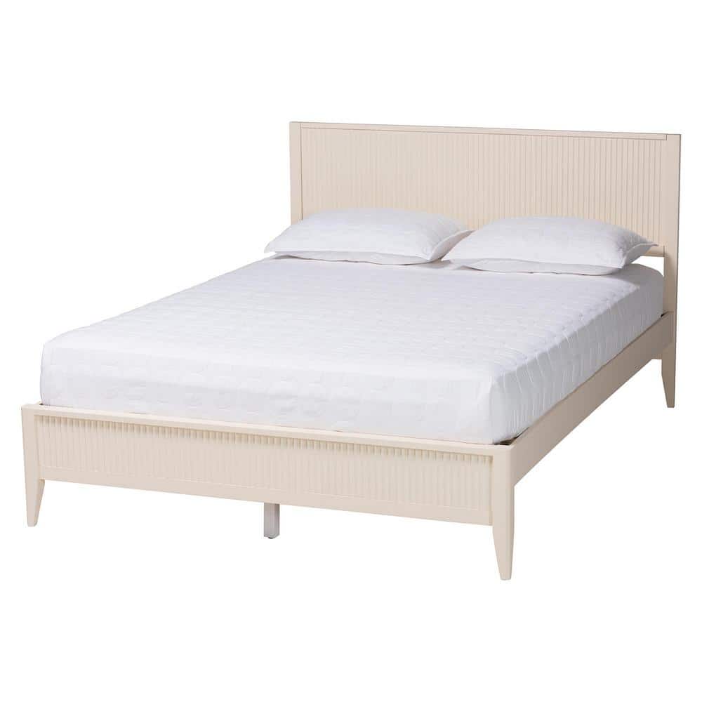 Ivory Fluted Wood King Platform Bed with Slats