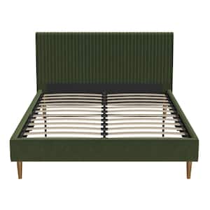 Daphne, Olive Green Velvet, Metal Frame, Queen Upholstered Platform Bed with Vertical Channel Tufted Headboard