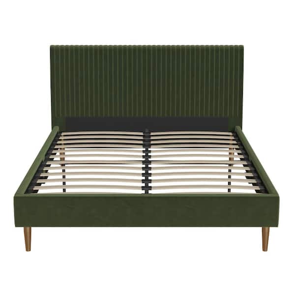Unbranded Daphne, Olive Green Velvet, Metal Frame, Queen Upholstered Platform Bed with Vertical Channel Tufted Headboard