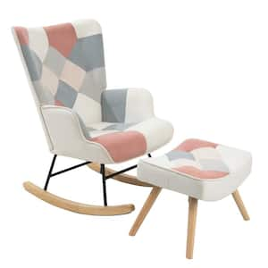 Metal Outdoor Rocking Chair with ottoman, Mid Century Fabric Rocker Chair with Wood Legs and Patchwork Linen