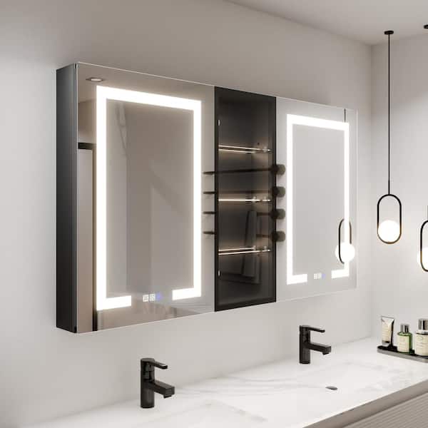 ExBrite ShineX 52 in.W x 30 in.H Rectangular Black Aluminum Recessed/Surface Mount Dual Swing Medicine Cabinet with Mirror LED