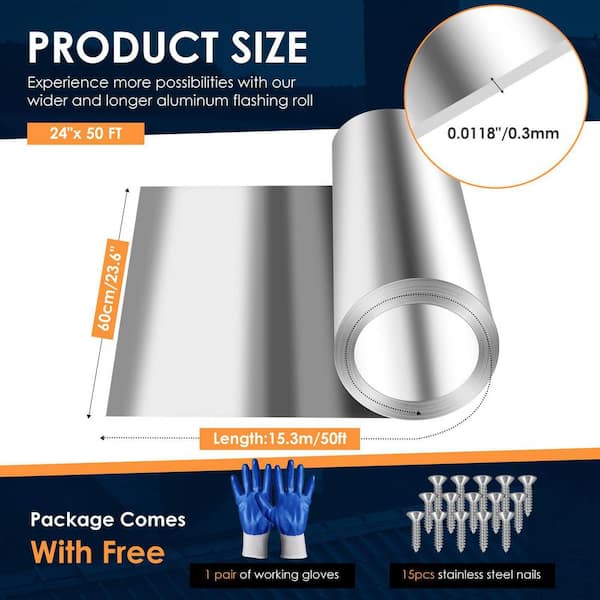 Unbranded 2 Ft X 50 Ft Aluminum Roof Panel 0.3 Mm Gauge Metal Roof Flashing For Windows Doors Siding Roofing Seal, Silver 48122FSA05