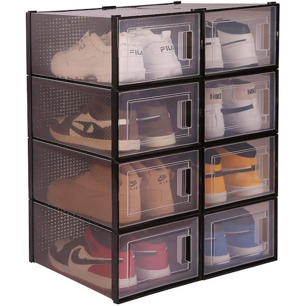 6Packs Collapsible Shoe Box Stackable Shoe Storage Bin Transparent Dustproof Hard PP Shoe Organizer Container with Magnetic Door - Clear