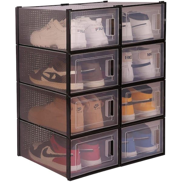 8 Pair Black Foldable Stackable Storage Plastic Shoe Boxes