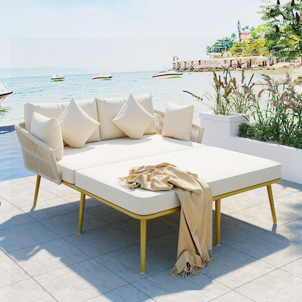 Runesay Metal Outdoor Patio Daybed Chaise Lounge Woven Nylon Rope Backrest with Beige Washable Cushions for Balcony and Poolside