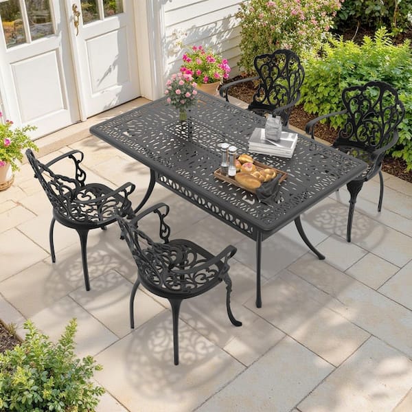 5-Piece Black Cast Aluminum Outdoor Dining Set with Off-White Cushions