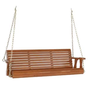 5 ft. Brown Wood Patio Porch Swing with Adjustable Chains, Support 880 lbs., Durable PU Coating