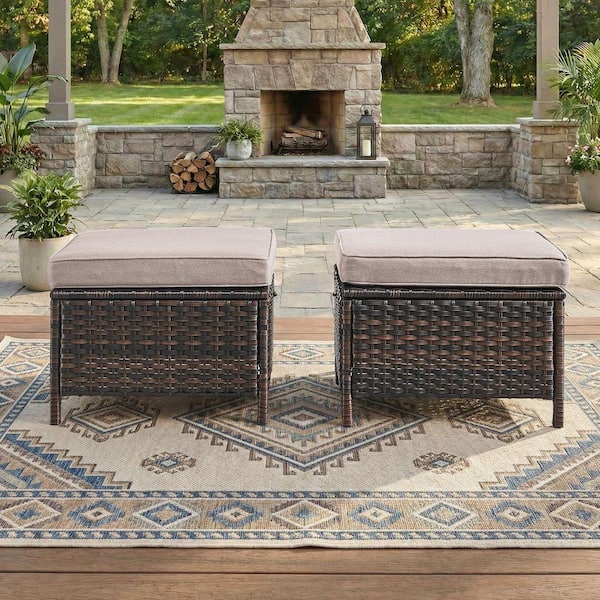 WellCane 2-Piece Brown Wicker Outdoor Ottoman Patio Footstool Multipurpose Outdoor Furniture Bench with Beige Cushion