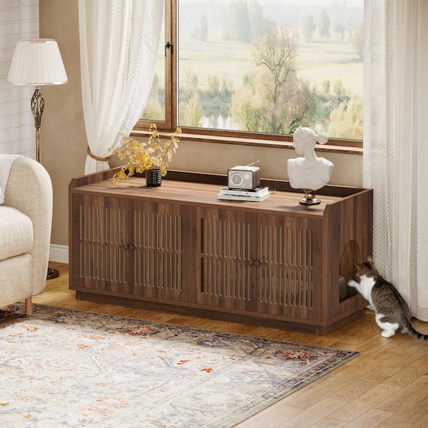 BYBLIGHT Ezlynn 55.12 in. L Brown Cat Cabinet with 2 Large Complements, Ventilated Cat Cabinet with Side Access for Living Room