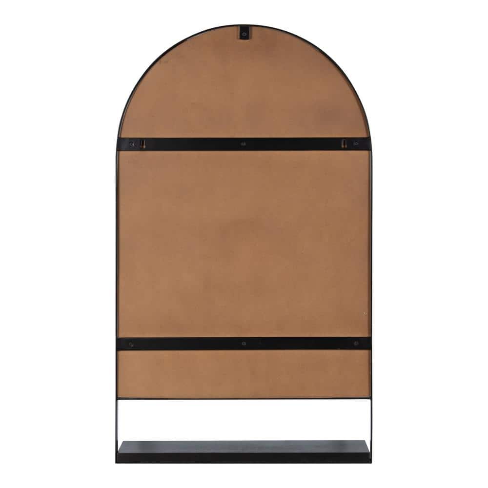 Chadwin 20" x 34" Arched Black Iron and Mango Wood Wall Mirror with Shelf