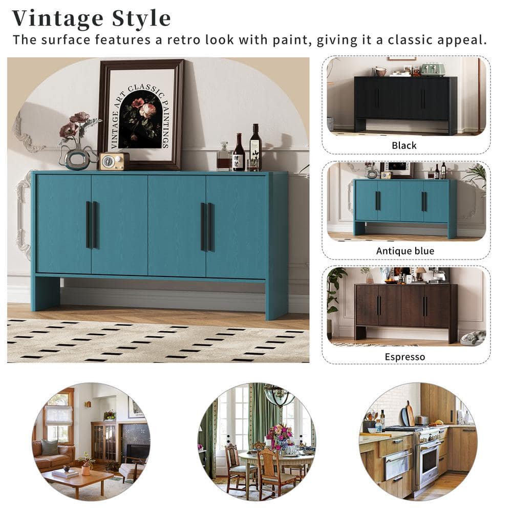 Antique Blue MDF 59 in. Hinged Door Sideboard with Adjustable Shelves