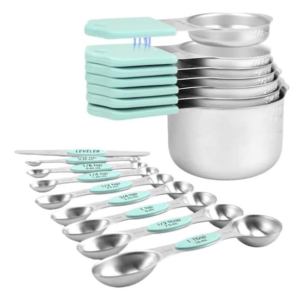 16-Set Magnetic Measuring Cups and Spoons Set with Double Markings and Leveler for Dry and Liquid Measure, Mint