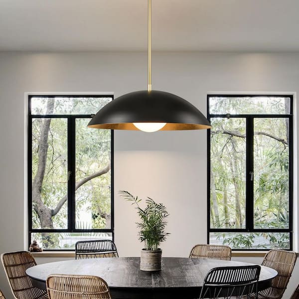 Justin 40-Watt 1-Light 23.6 in. Modern Black/Gold Leaf Oversized Dome Glass Globe Pendant Light for Kitchen Island