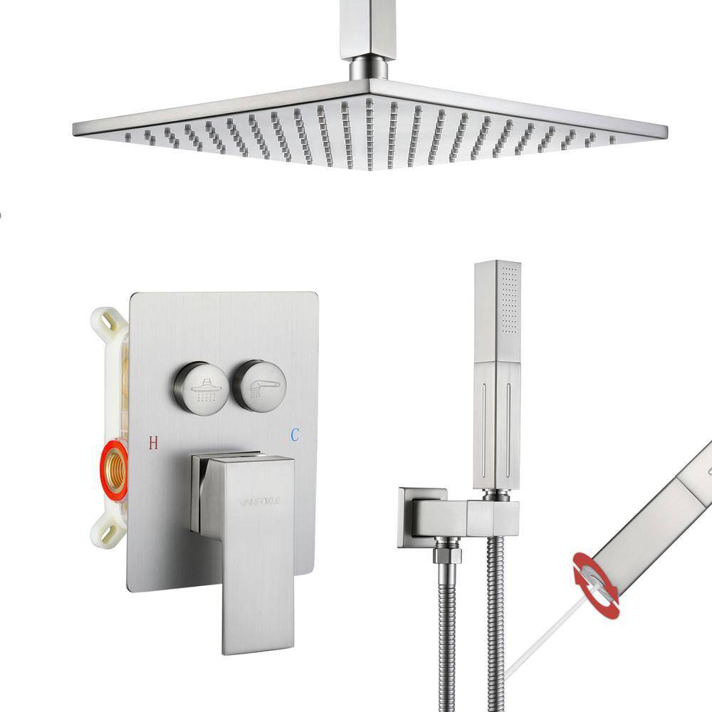 Single Handle 3-Spray Shower Faucet 1.8 GPM 10 in. Square Ceiling Mounted Shower with Pressure Balance in Brushed Nickel price history on PriceWatchPro