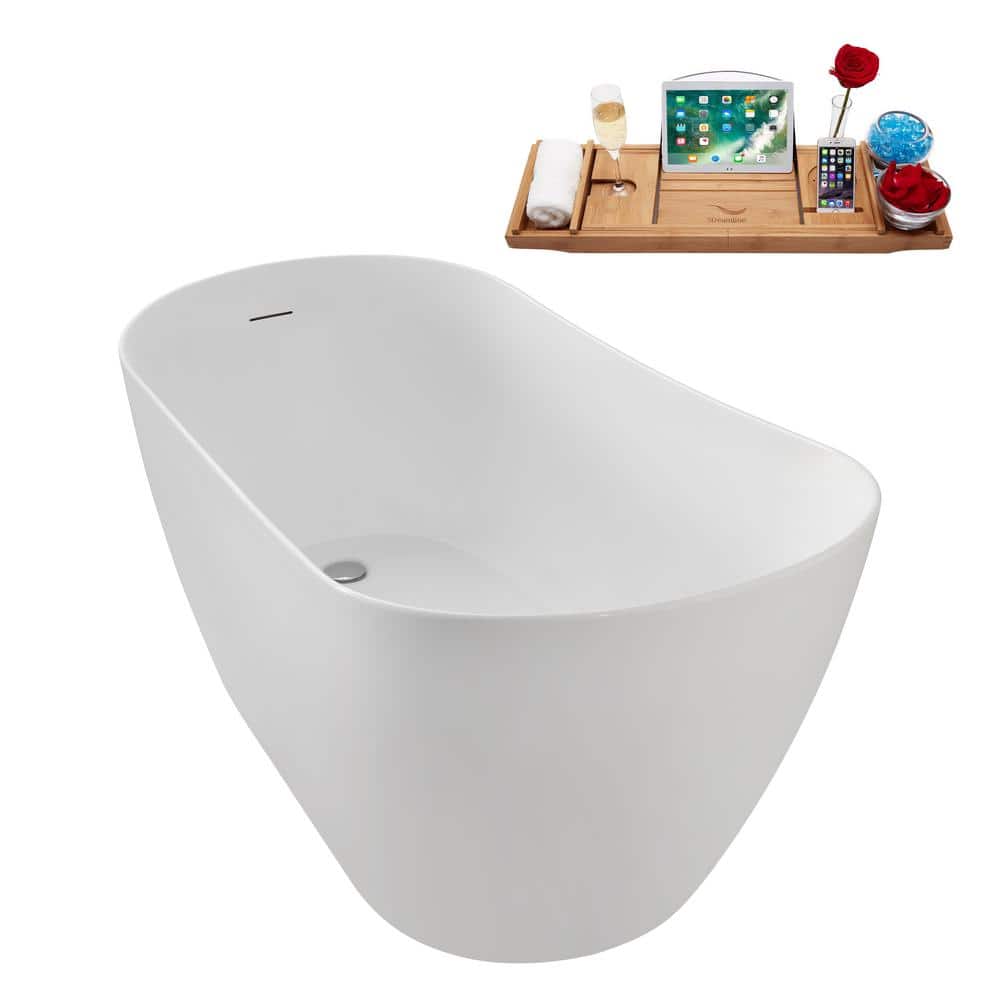 59" Glossy White Acrylic Freestanding Soaking Bathtub with Bamboo Tray