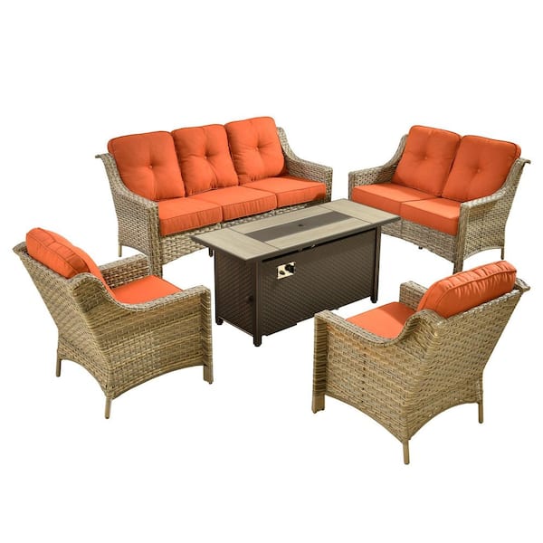 Eureka 5-Piece Wicker Outdoor Fire Pit Patio Conversation Sofa Seating Set with Red Cushions