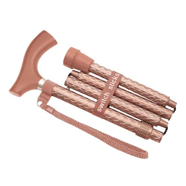 switch sticks Luxury Folding Walking Stick, 32 in. to 37 in., w/Water Resistant Bag, Wrist Strap and Hook and Loop Band, in Rose Gold