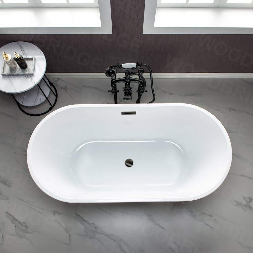 67" White Acrylic Freestanding Soaking Bathtub with Matte Black Trim