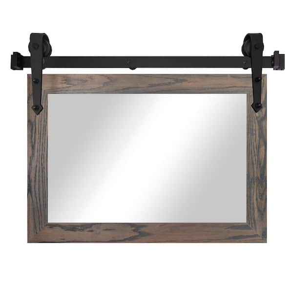 (34 in. W x 33 in. H) Carbon Grey Ozark Hardwood Mirror With Steel Barn Door Rail