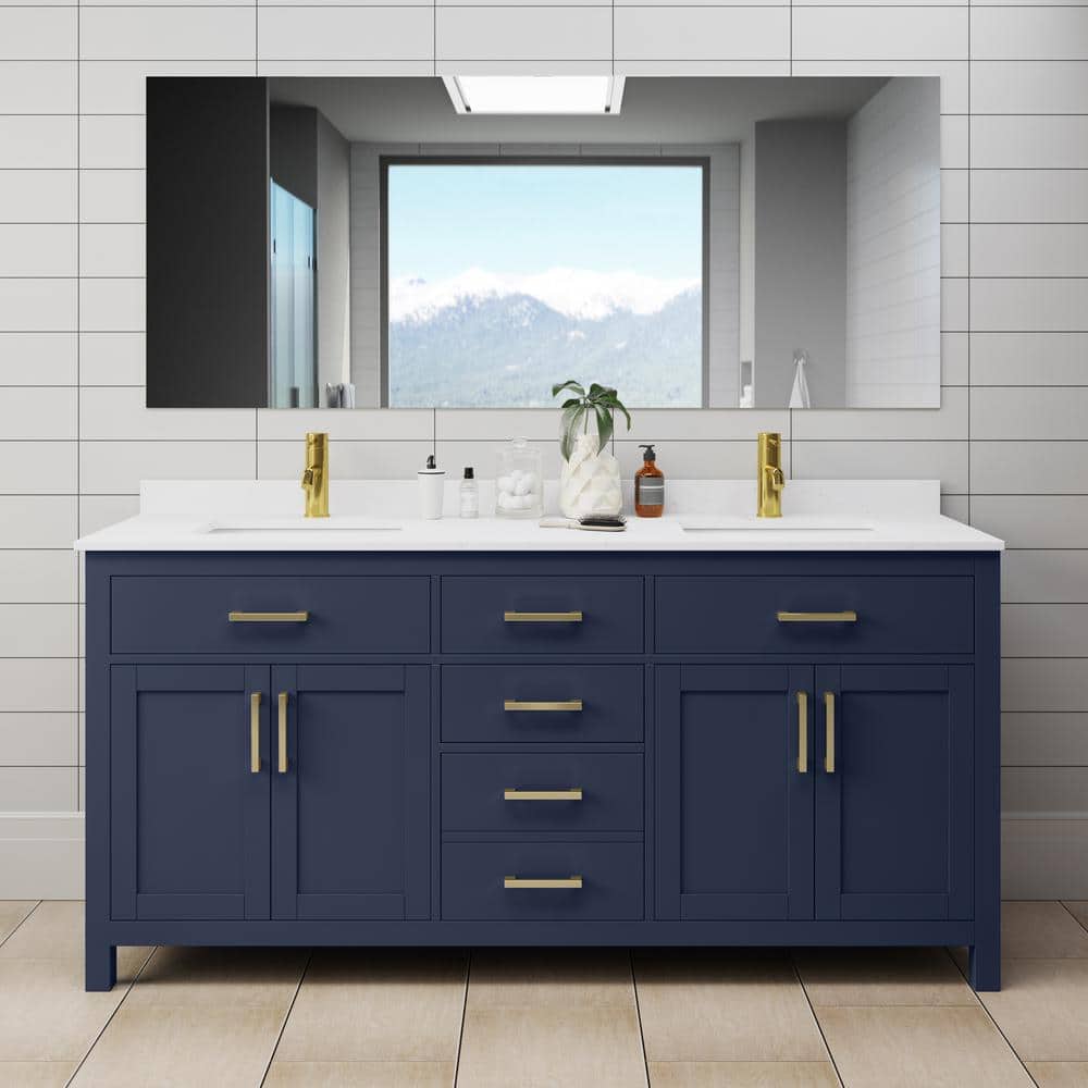 Beckett 72" Dark Blue Freestanding Double Vanity with White Marble Top