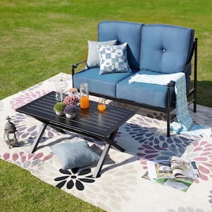 2-Piece Metal Patio Deep Seating Set with Blue Cushions