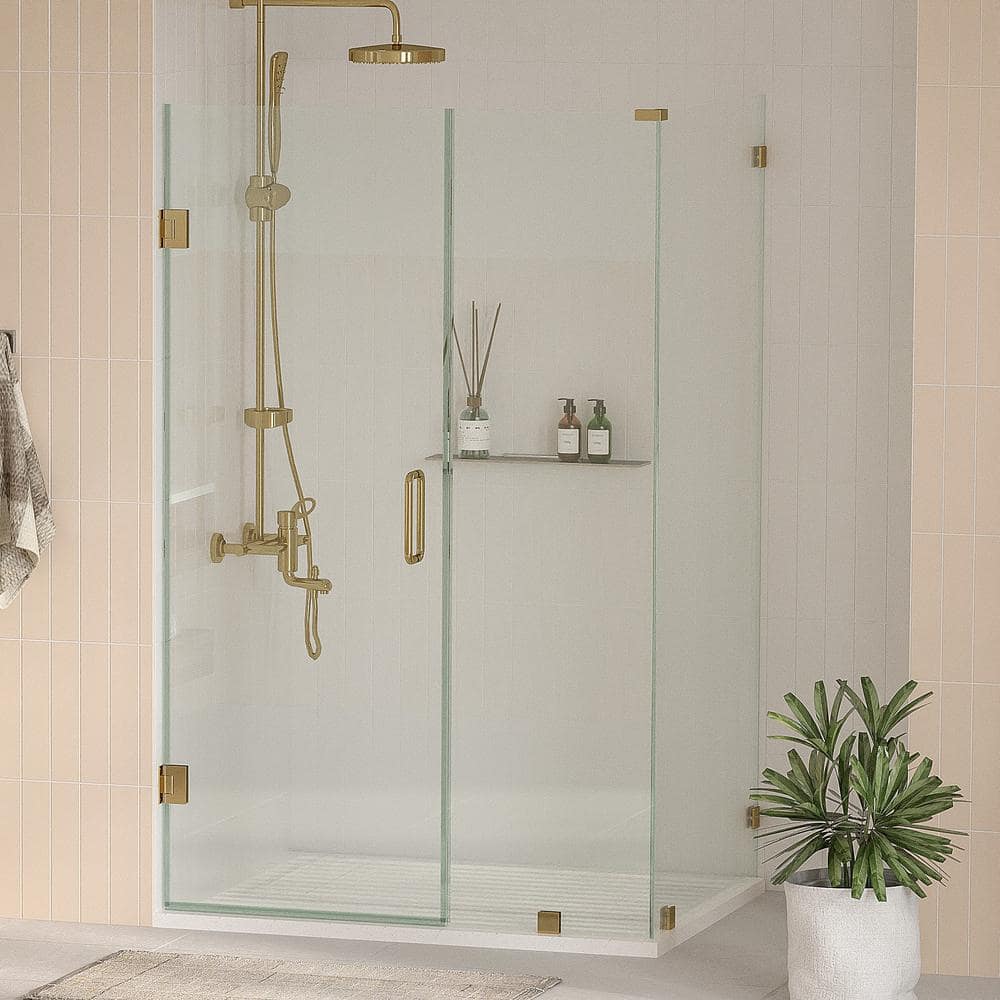 Kobiworks Nirvana 38 in. W x 38 in. L x 76 in. H Pivot Frameless Corner Shower Enclosure in Brushed Gold with 3/8 in. Clear Glass