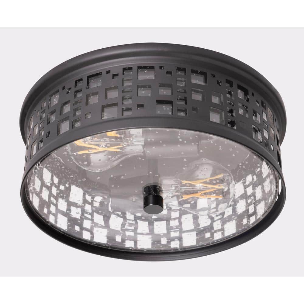 Roscoe Satin Nickel 11" Black Glass Drum Flush Mount Light