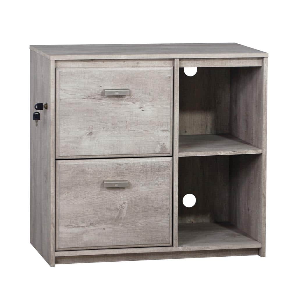 Washed Gray 2-Drawer Wood File Cabinet with Shelves