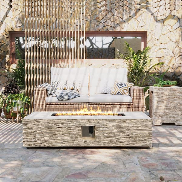 UPHA 56 in. 50000BTU Outdoor Beige Rectangle Magnesium Oxide Fire Pit Table with Propane Tank Cover