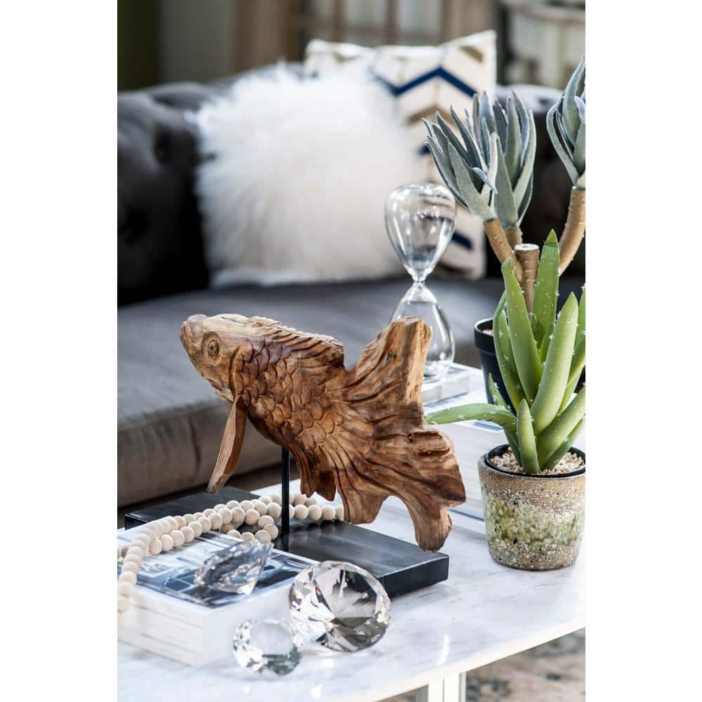Brown Teak Wood Dragon Koi Sculpture with Black Pedestal
