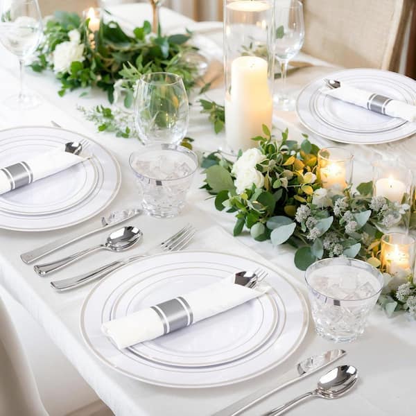 Adrinfly Silver Plastic Dinnerware Set - Disposable Plates, Cups