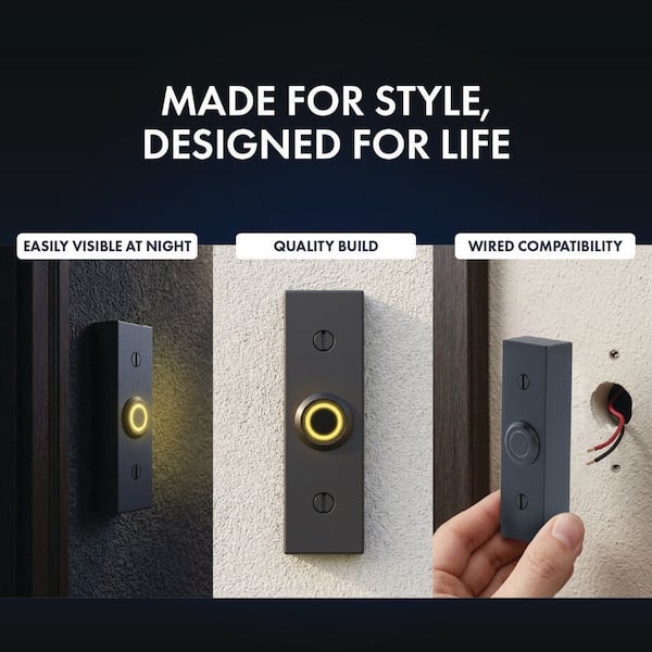 Wired Metal Rectangular Surface Mount Doorbell Chime Push Button with LED Button Light in Black, Door Bell Button Only