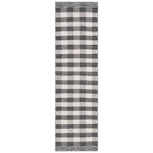 Striped Kilim Black Ivory 2 ft. x 8 ft. Plaid Runner Rug