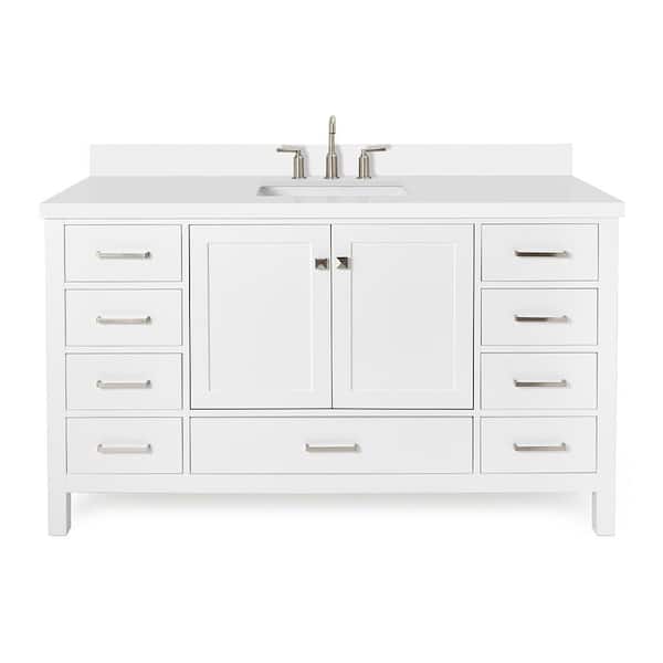 Cambridge 60 in. Single Sink Freestanding Bathroom Vanity in White with Pure White Quartz Top