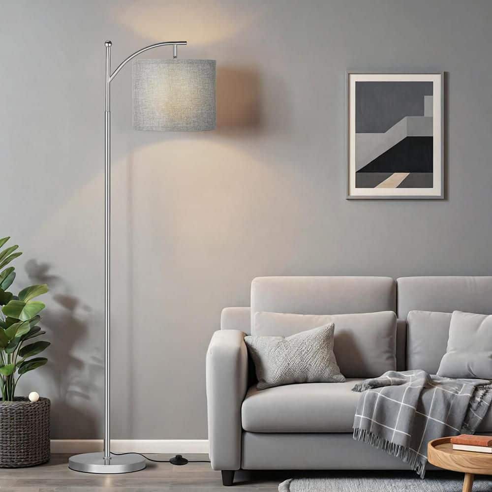 60 in. Silver 1-Light Lantern Floor Lamp with Linen Shade and 9W LED ...