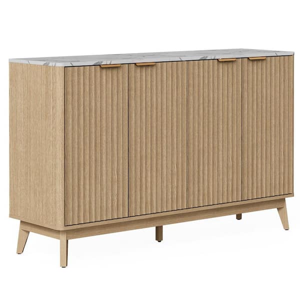 Cabinson Natural Oak 55in W x 15. 75in D x 34. 45in H Sideboard Buffet Cabinet with Faux Stone Finish Top & 4 Doors