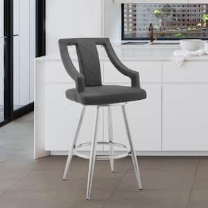 Maxen 30 in. H Gray Faux Leather and Brushed Stainless Steel Open Back Swivel Bar Stool