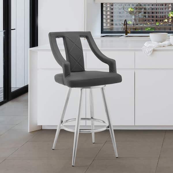 Armen Living Maxen 30 in. H Gray Faux Leather and Brushed Stainless Steel Open Back Swivel Bar Stool