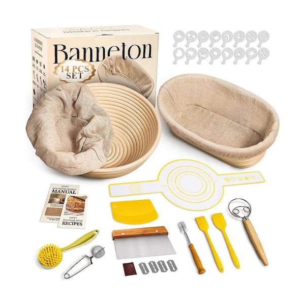 Sourdough Bread Baking Kit with 9" Round & 10" Oval Banneton Baskets, Bread Lame, Sling, Spatula, Scraper, Dough Whisk