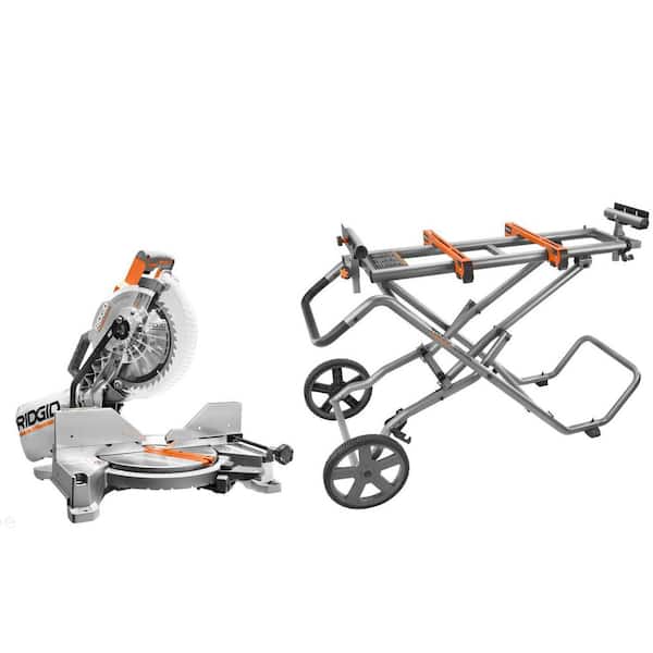 RIDGID 15 Amp Corded 10 in. Dual Bevel Miter Saw with LED Cut Line Indicator and Universal Mobile Miter Saw Stand